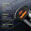 Close-up view of a black car charger showing various Type C and USB output specifications.