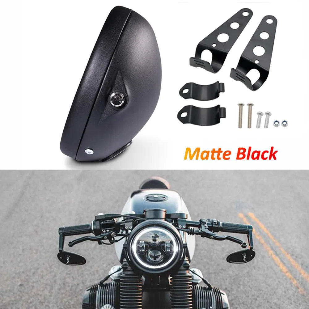 Matte black motorcycle LED headlight assembly and mounting hardware.