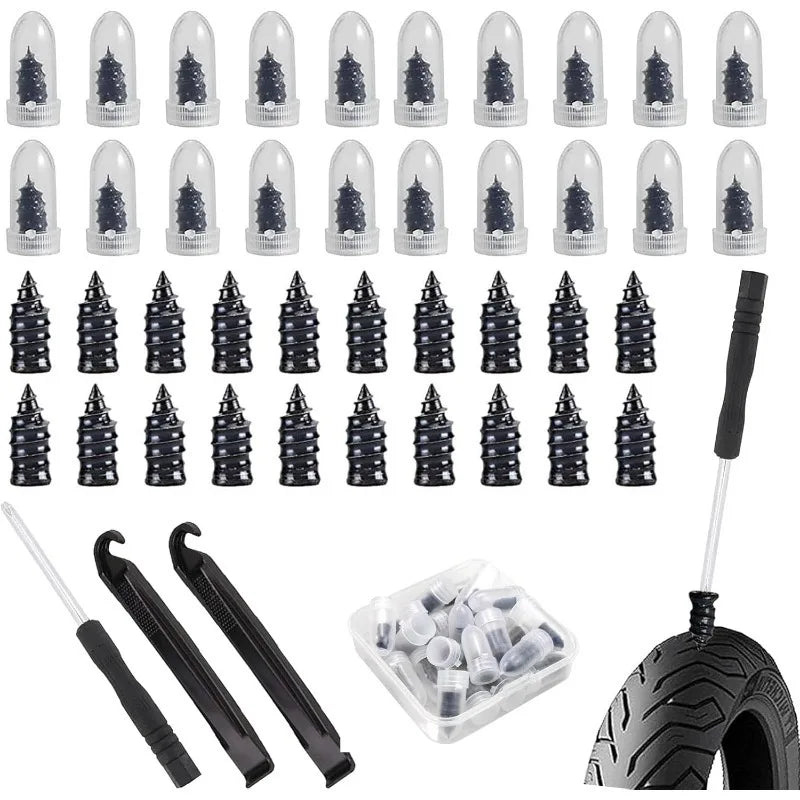 A set of rubber tire repair studs and related tools including a stud kit and various metal components.