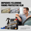 A professional headlight restoration kit is shown next to a car headlight, demonstrating its use for improving yellowing and 