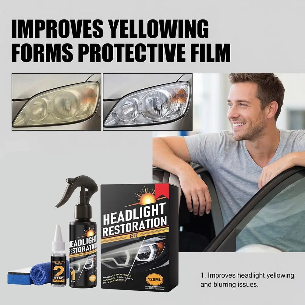 A professional headlight restoration kit bottle and a man looking at a car headlight.