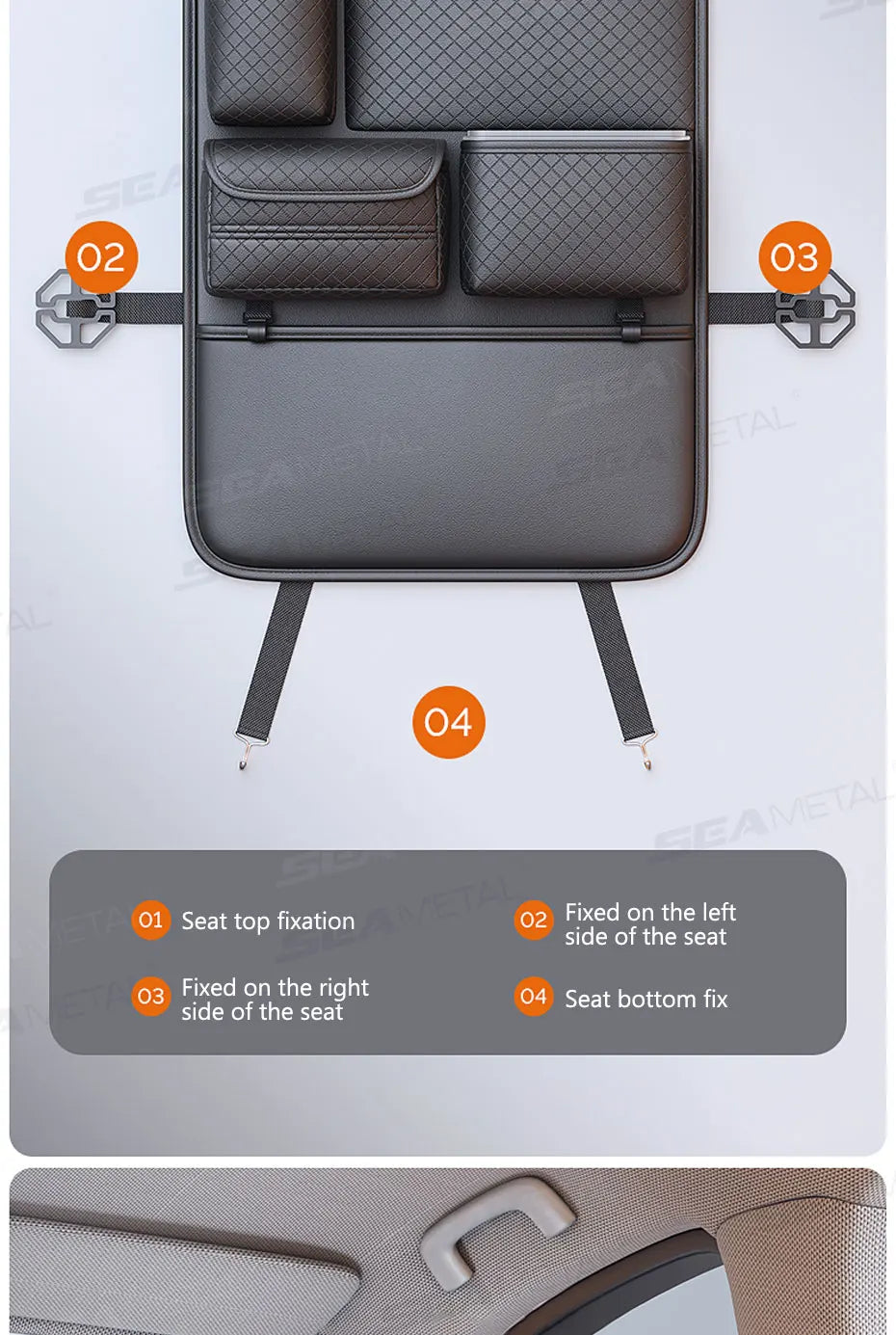 A close-up view of a luxury car seat back organizer bag showing four fixation points for installation.