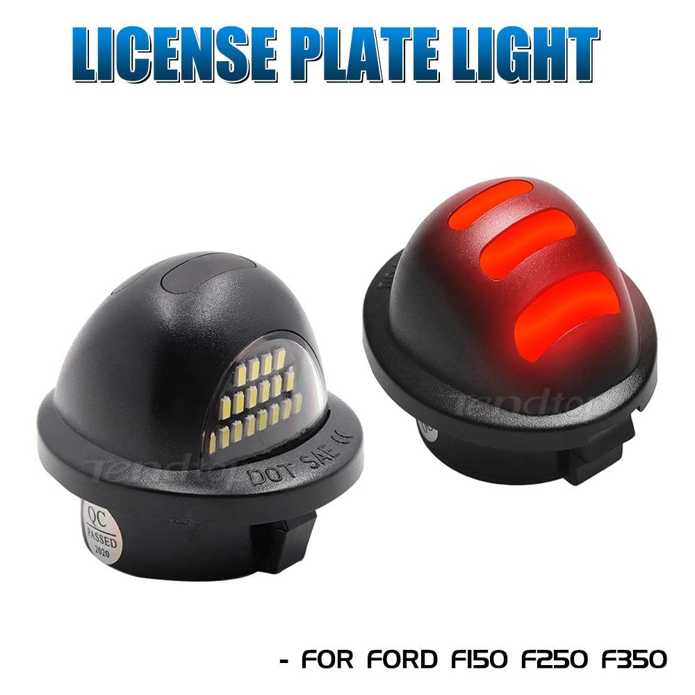 A pair of black LED license plate lights for Ford F150, F250, and F350 trucks.