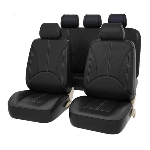 A set of black universal PU leather car seat covers for a front seat.