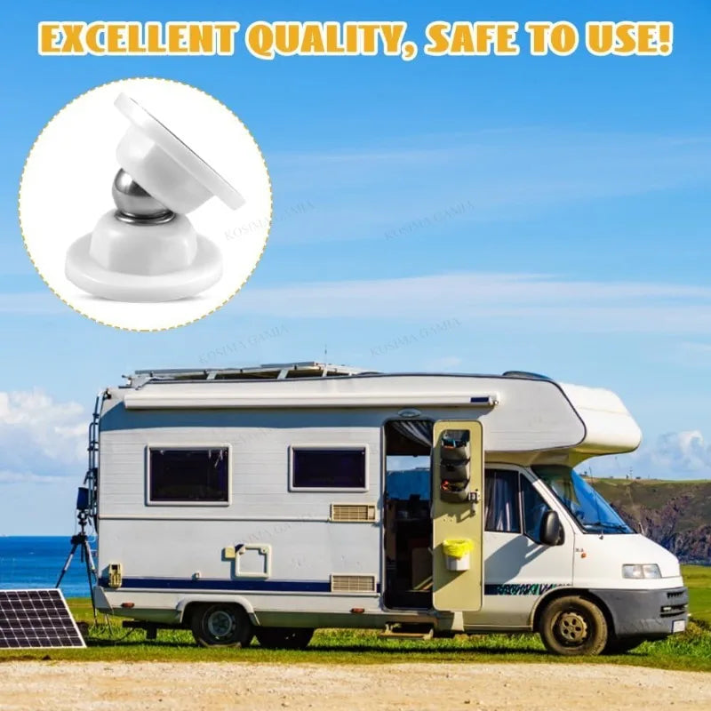 A white recreational vehicle with a magnetic door catch installed, featuring an excellent quality product.