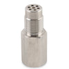 A metallic mini oxygen catalyst sensor with a threaded body and a top featuring multiple small holes.