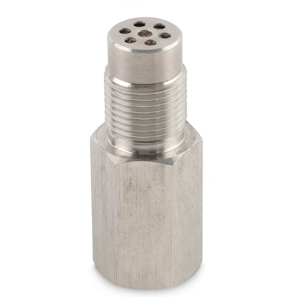 A metallic mini oxygen catalyst sensor with a threaded body and a top featuring multiple small holes.