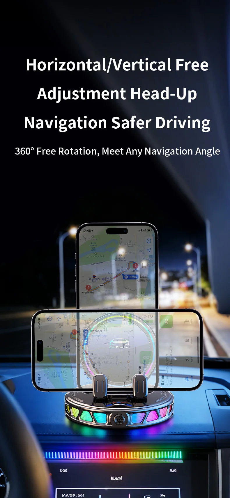 A clamp-on car phone mount with an RGB light is shown in use, displaying a navigation map on a smartphone.