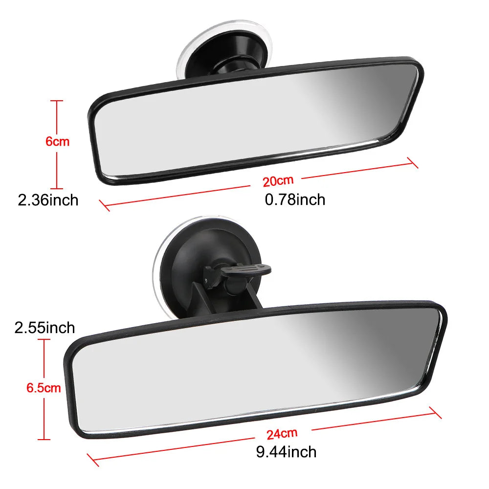 Miroir de rétrovise en forme rectangulaire avec une surface argentée réfléchissante et un cadre noir, montrés en deux tailles