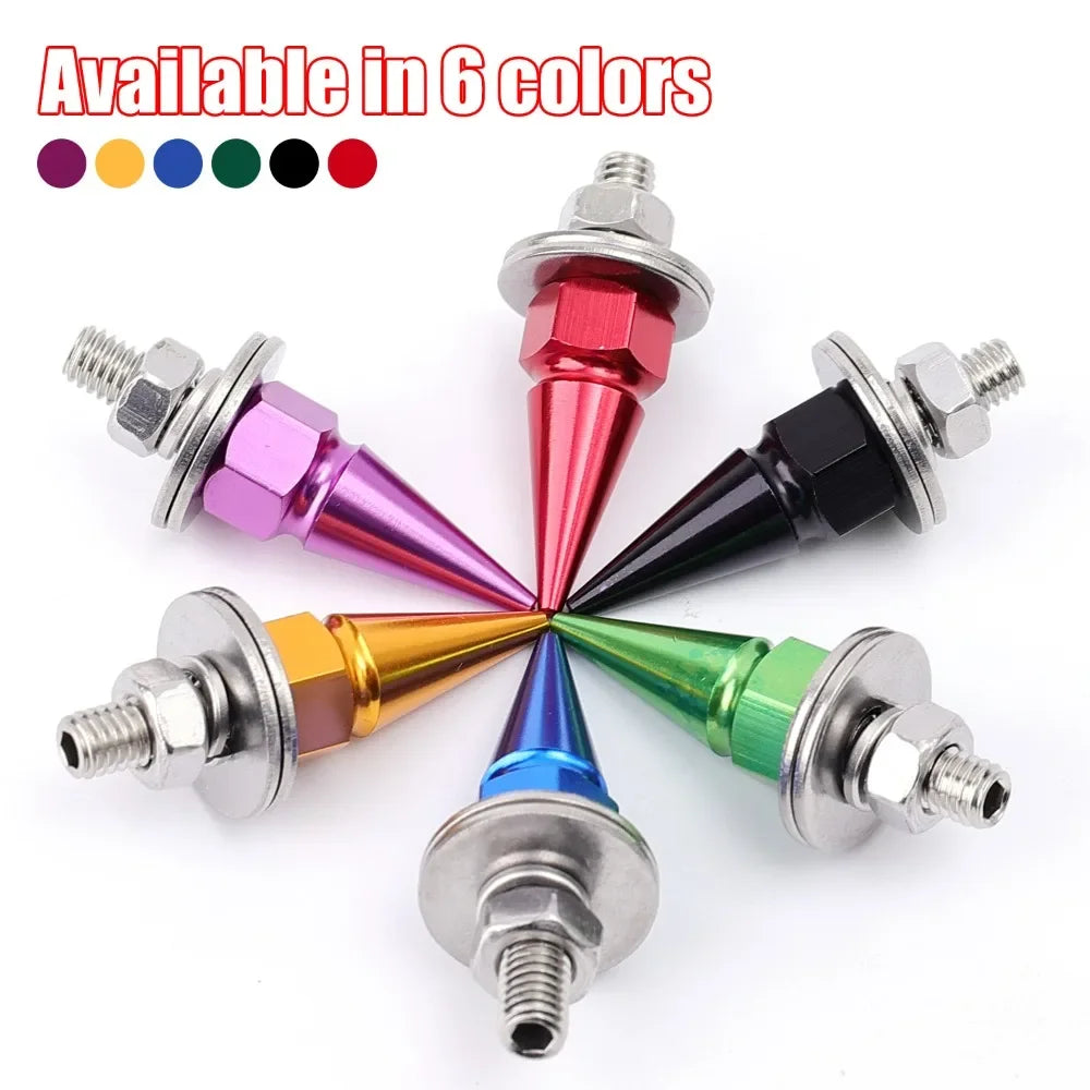 Six colored M6 license plate screws shown radiating from the center, demonstrating various finishes.