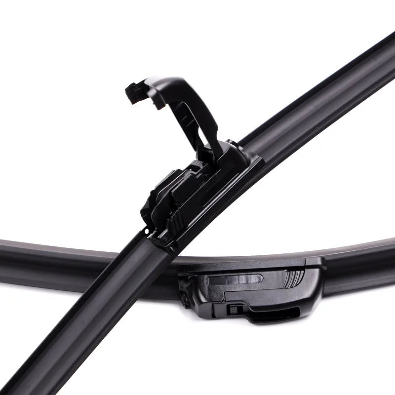 Close-up view of a black universal car wiper blade assembly.
