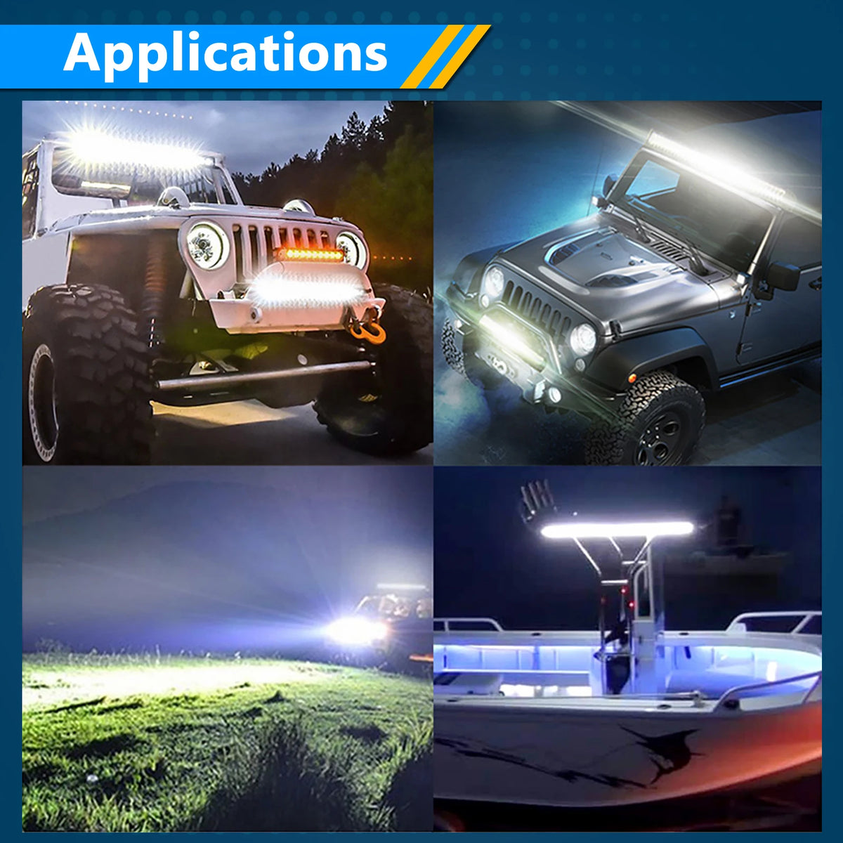 A collection of images showing high-powered LED light bars installed on off-road vehicles and a boat.