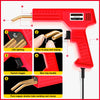 A red plastic welding gun with a gold copper double tube welding nail clamp and LED lighting features a switch trigger and no