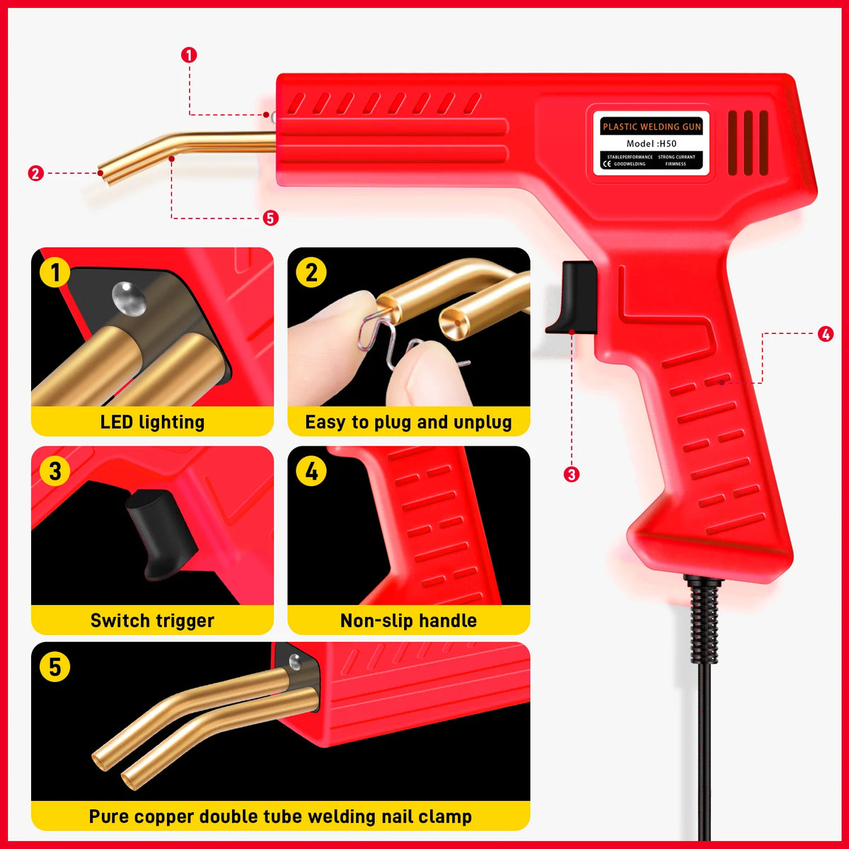 A red plastic welding gun with a gold copper double tube welding nail clamp and LED lighting features a switch trigger and no