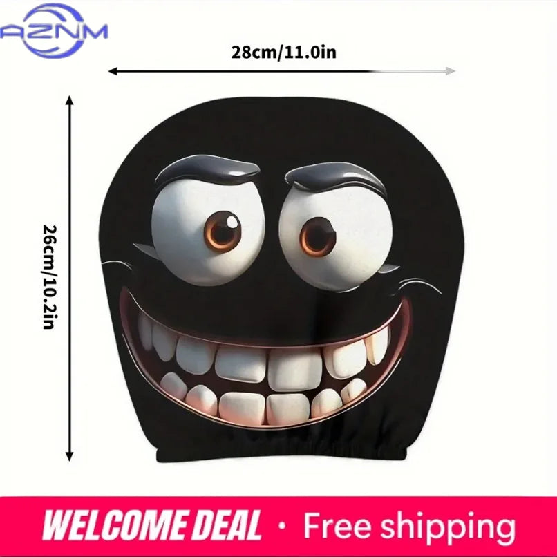 Diseño de cara de dibujos animados negra para funda de reposacabezas de coche con ojos grandes y una sonrisa amplia.