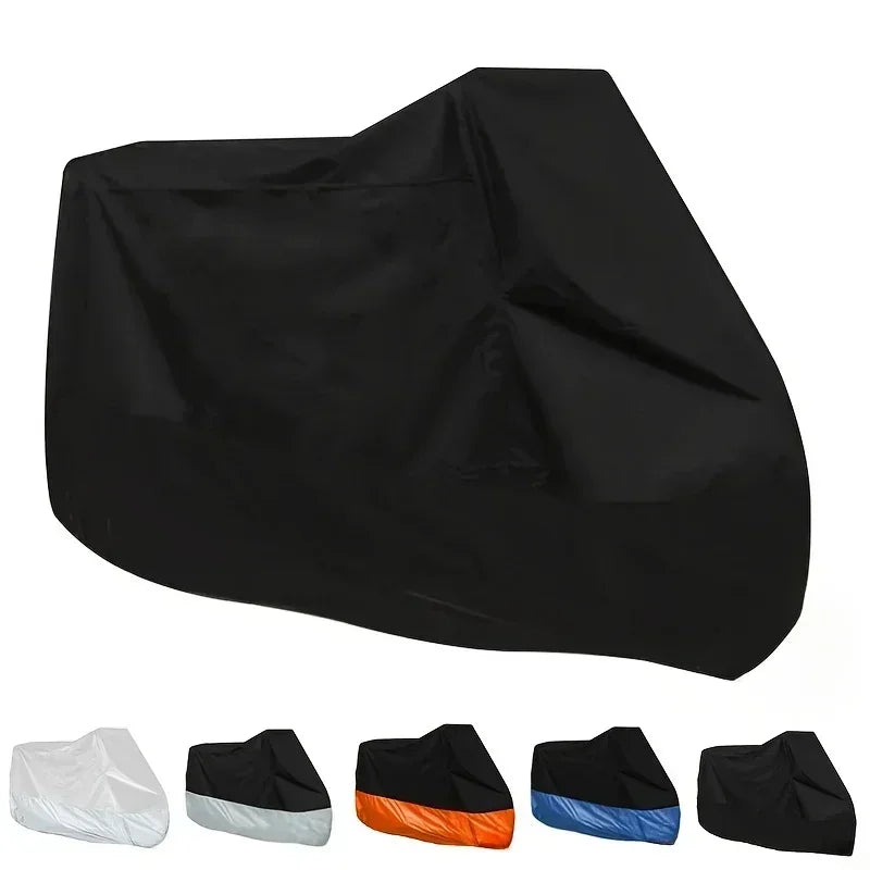 A collection of black and silver universal motorcycle covers shown from various angles.