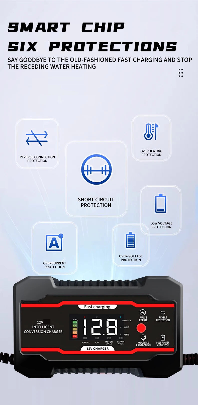 A black smart chip battery charger device with various protection features displayed on the screen.