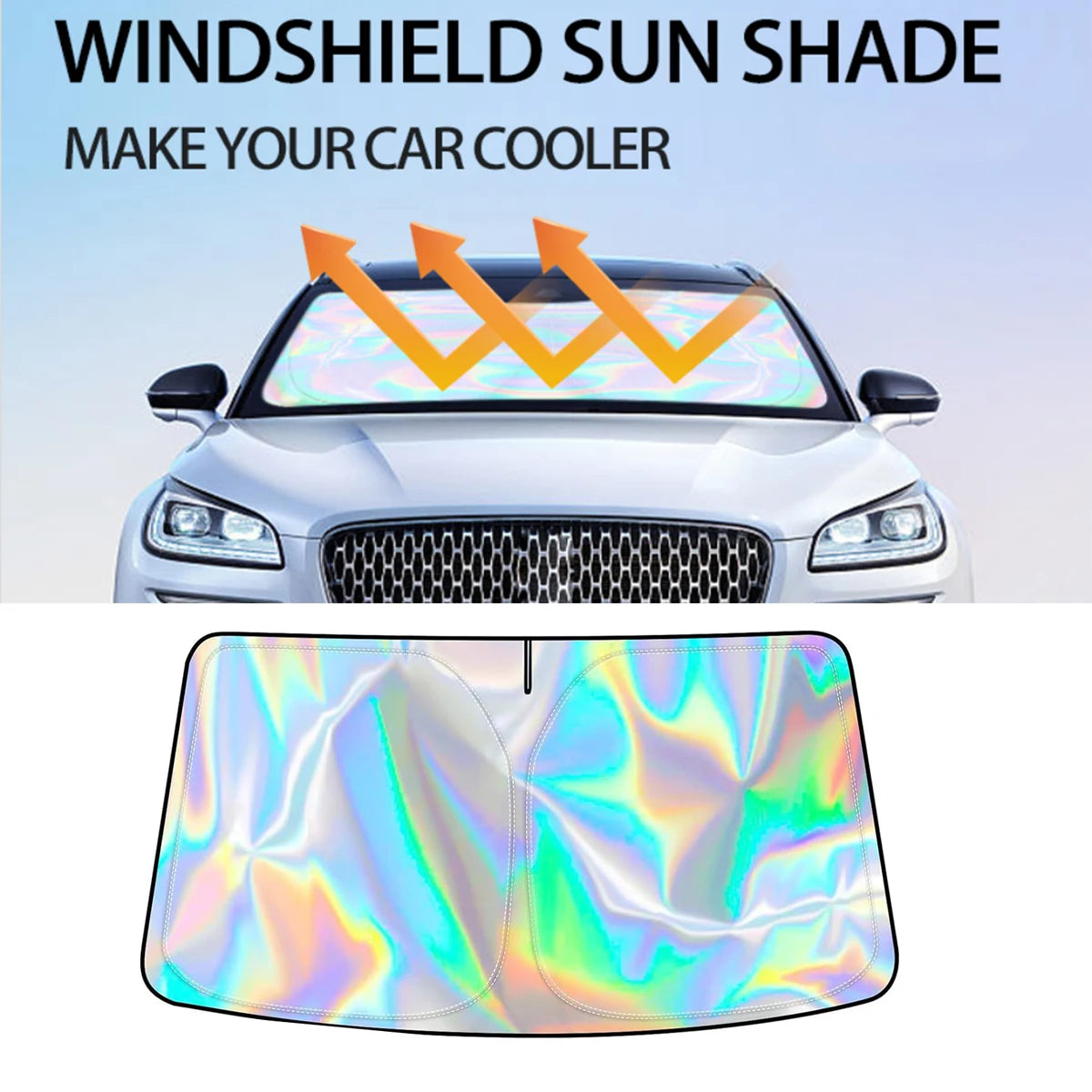 A close-up view of a iridescent purple and green car windshield sunshade designed to make the car cooler.