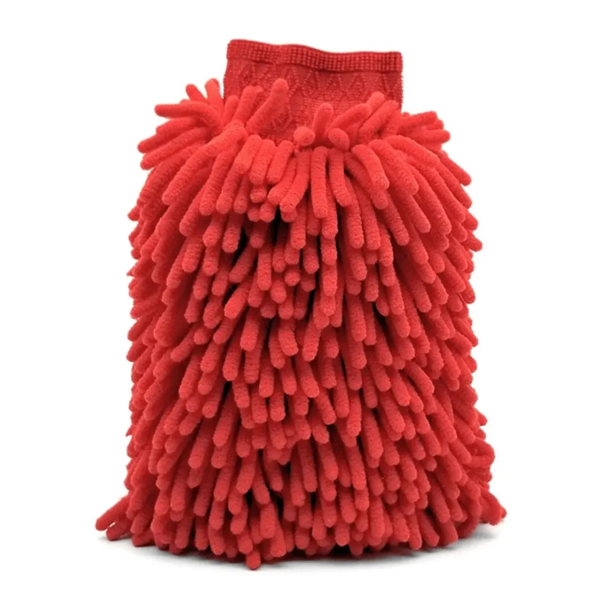 A bright red double-sided microfiber car wash mitt with a fluffy, textured surface.