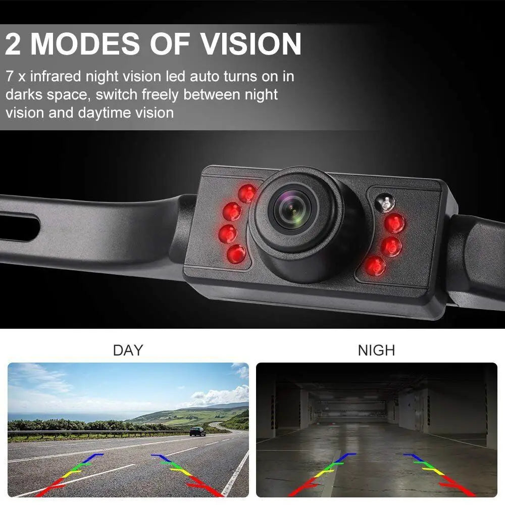 A black wired backup camera module showing a split view of daytime and nighttime vision.