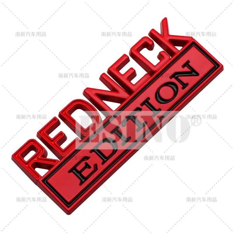 A 3D redneck style chrome car emblem decal with the word REDNECK in raised lettering.