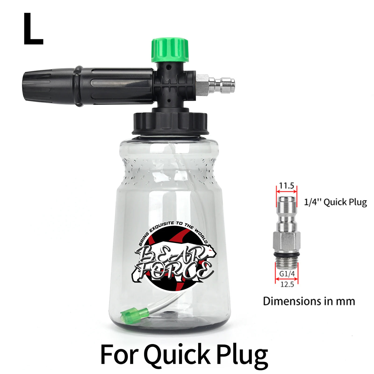 A clear glass bottle with a black foam lance attached, designed for a quick plug system.