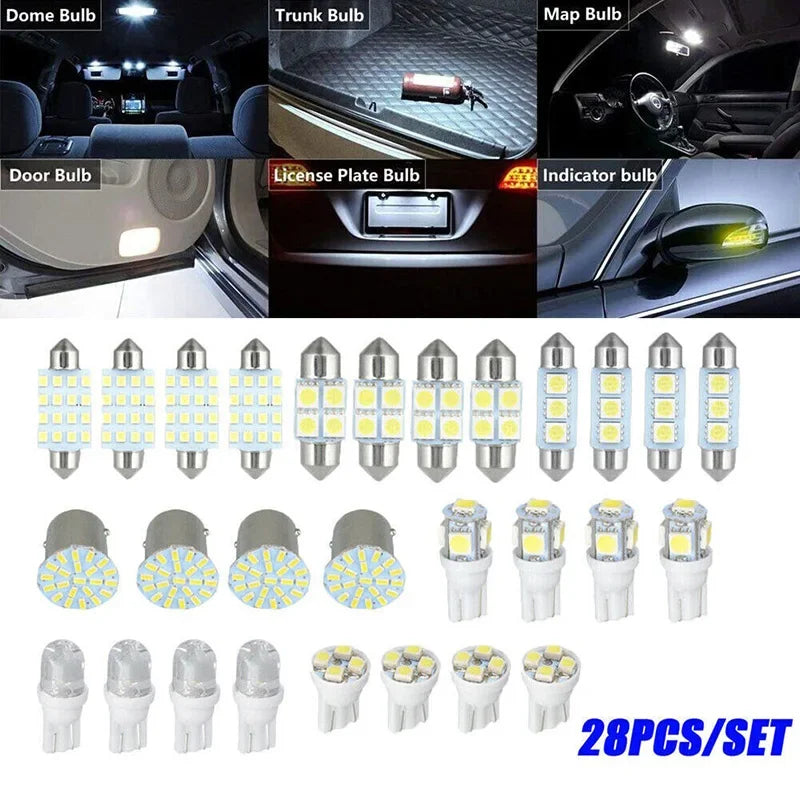 A set of various 12V car interior LED bulbs including dome, trunk, license plate, and indicator lights