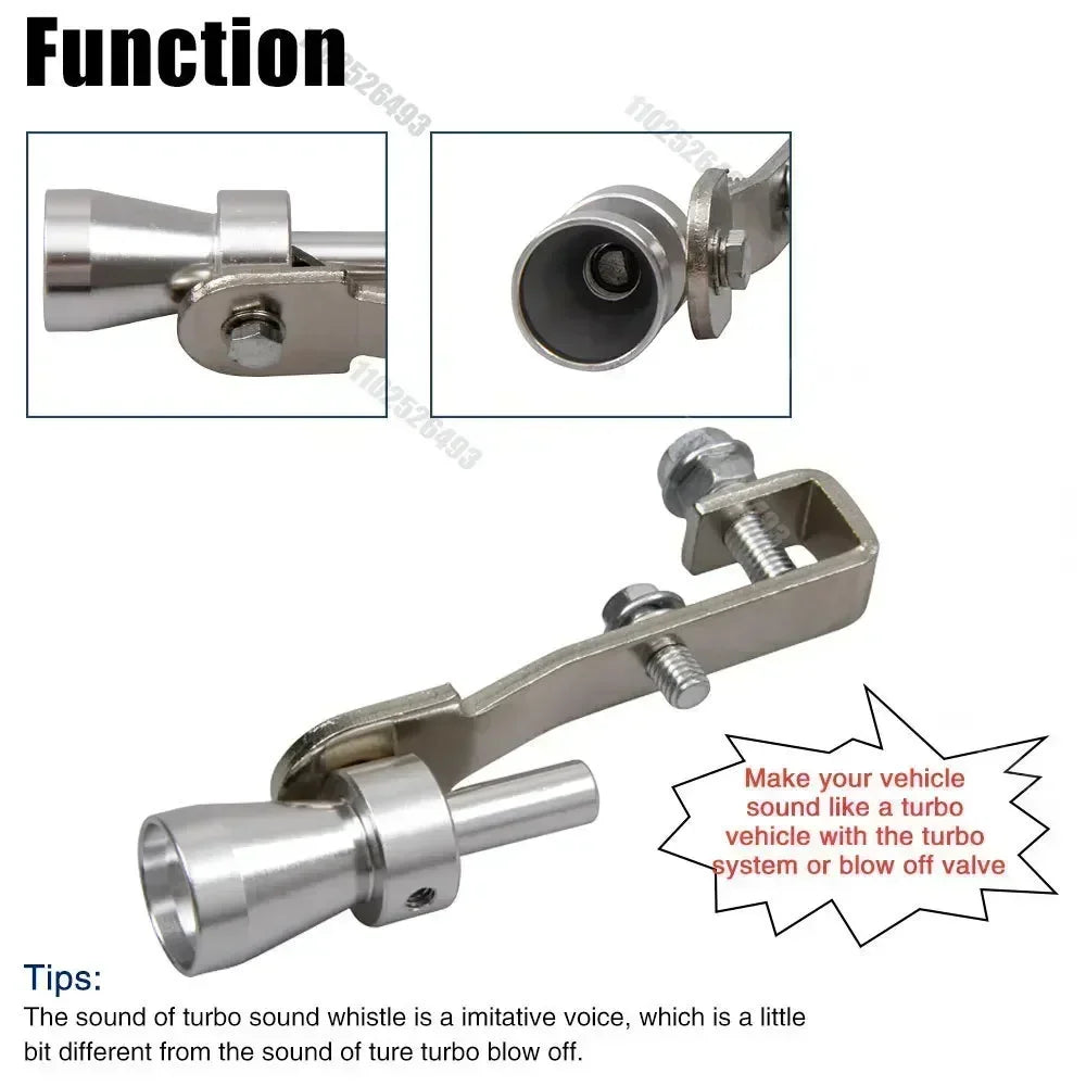 A metal turbo sound whistle designed to make a vehicle sound like a turbo vehicle.