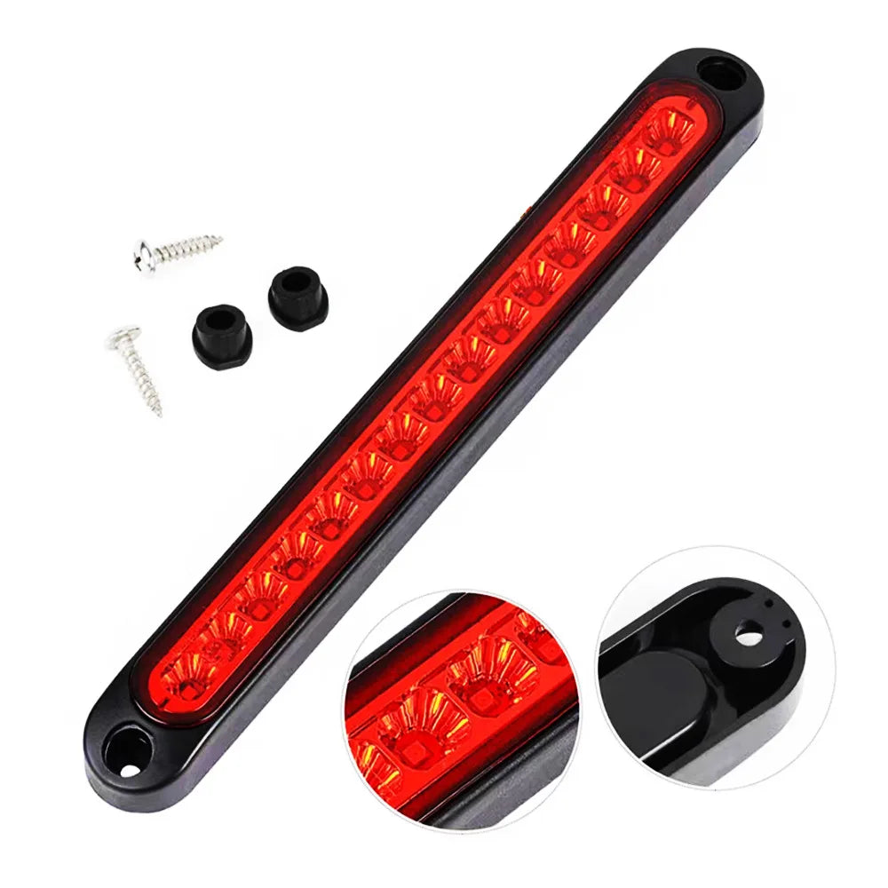 A black heavy duty truck and trailer light bar with multiple red LED lights and mounting hardware.