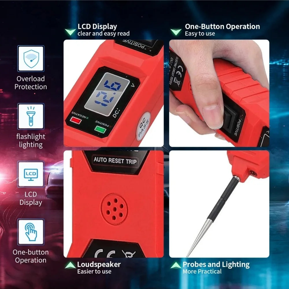 An automotive voltage circuit tester kit shown with features like an LCD display, flashlight, and one-button operation.