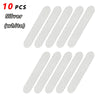 Ten silver reflective safety stickers or tape pieces.