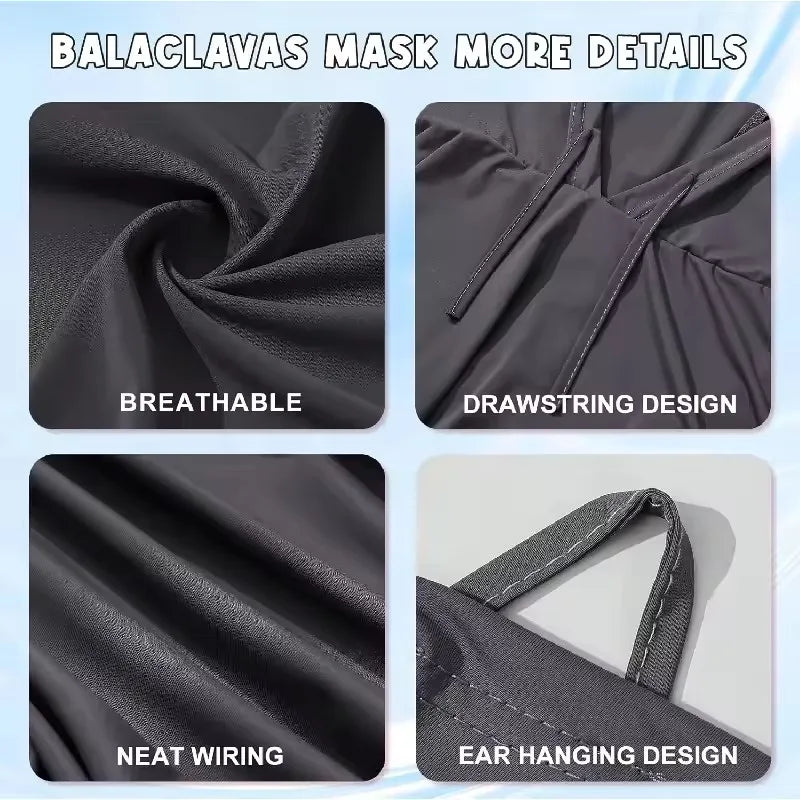 Gros plan d'un masque balaclava noir respirant, montrant le design de cordon, le câblage propre et les fonctionnalités des or