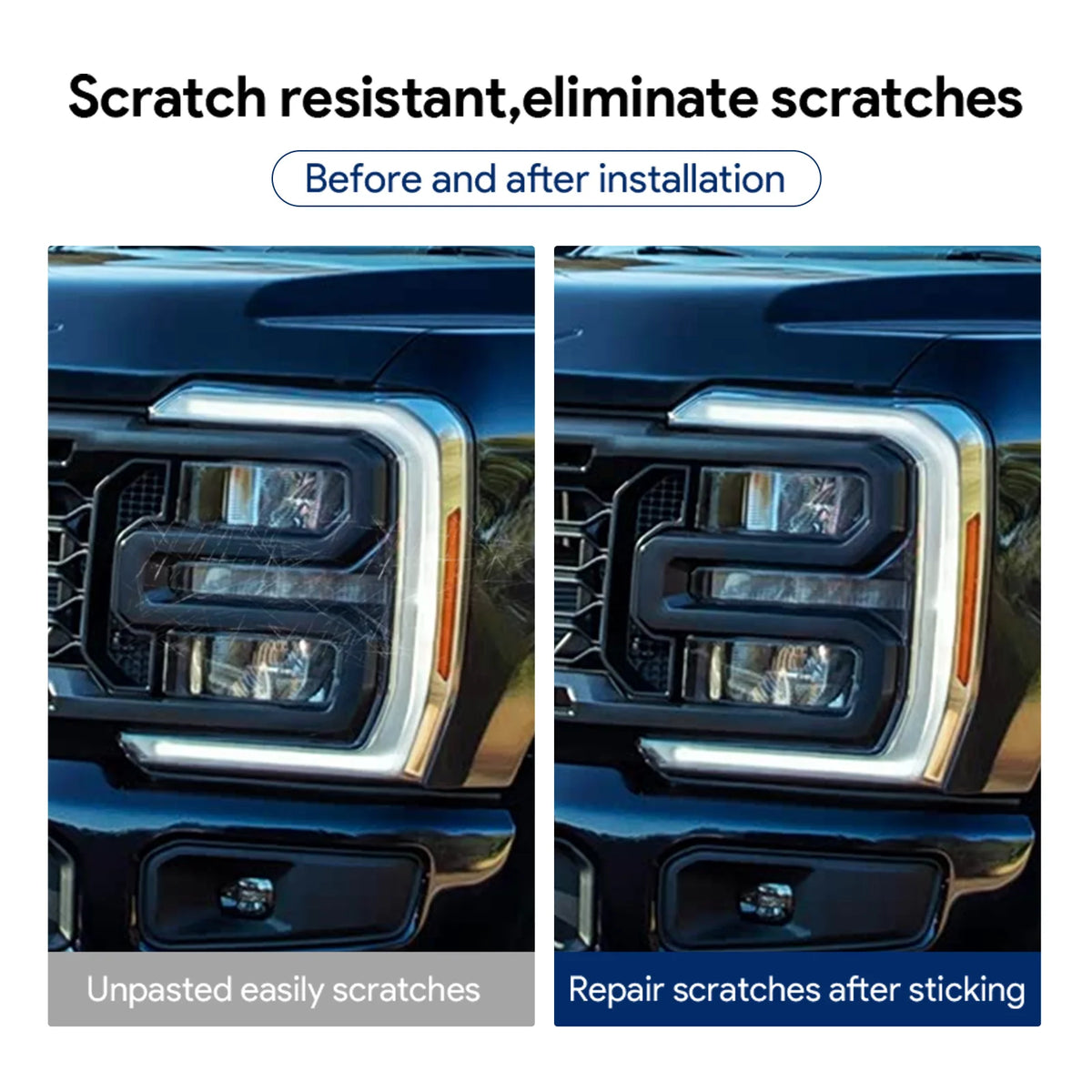 Before and after installation of scratch resistant paint protection film on a truck headlight.