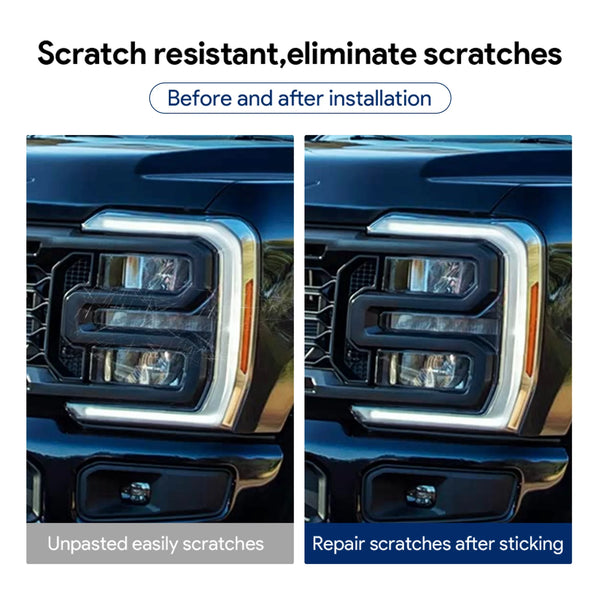 Before and after installation of scratch resistant paint protection film on a truck headlight.