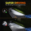 A graphic demonstrating safer driving with Canbus LED headlight bulbs, showing a clear view of oncoming vehicles.