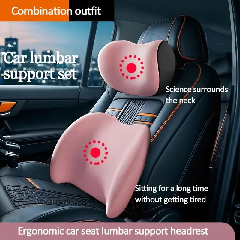 Pink ergonomic lumbar support headrest for car seats, designed to support the neck and back during long drives.