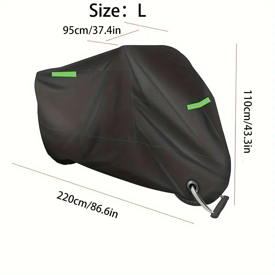 A dark brown motorcycle cover with green reflective strips, shown in profile view.