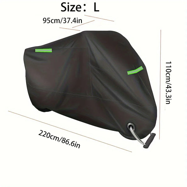 A dark brown motorcycle cover with green reflective strips, shown in profile view.