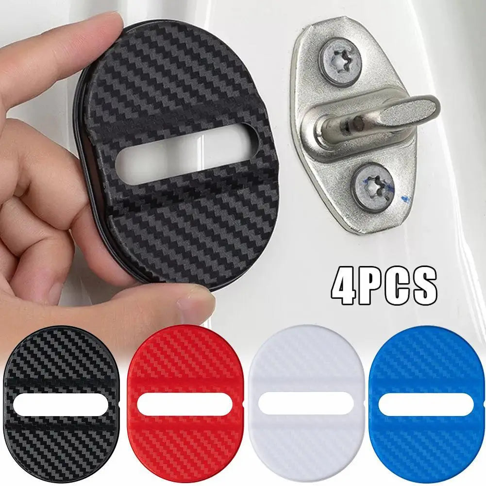 Four universal car door lock protective covers in black, red, white, and blue for protection
