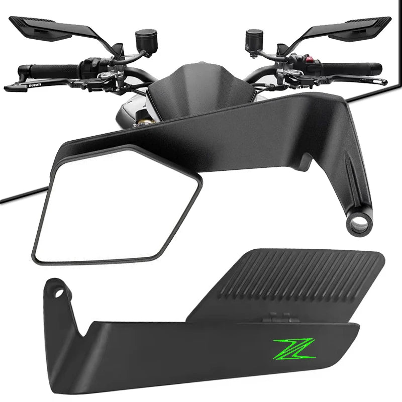 A set of adjustable black motorcycle side mirrors and a mounting bracket.