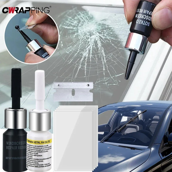 A kit for repairing windshield cracks in cars, showing tools and a cracked glass surface.
