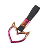 A holographic heart-shaped car handle accessory with a black strap and gold accents.