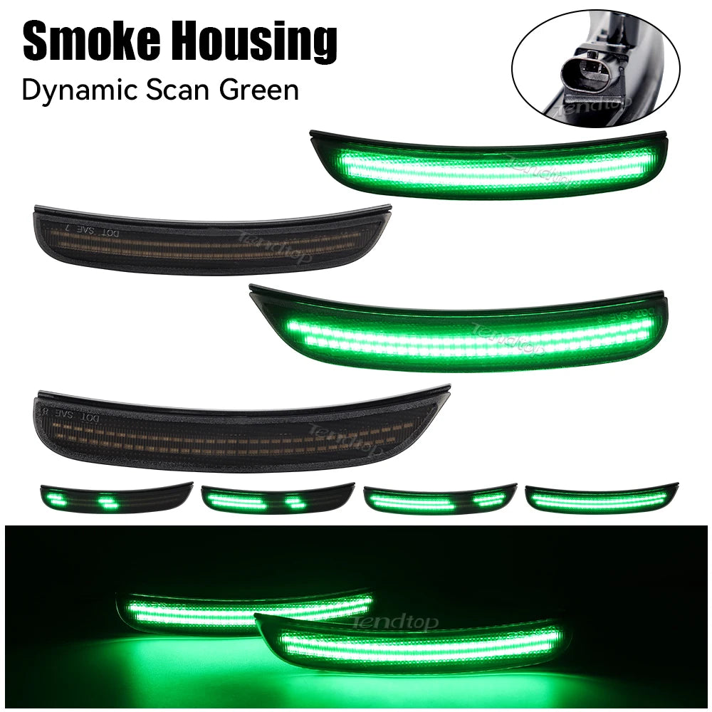 Green LED smoke housing side marker lights with dynamic scan feature shown in various configurations.