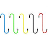 A set of five colored suspension disc service brake caliper hooks in blue, green, yellow, black, and red.