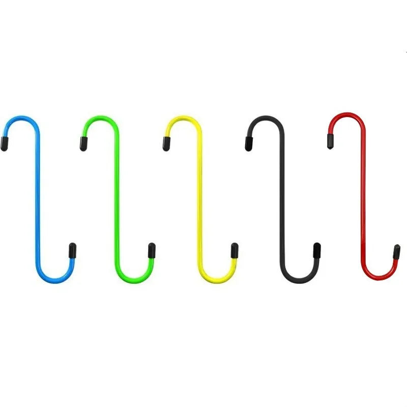 A set of five colored suspension disc service brake caliper hooks in blue, green, yellow, black, and red.