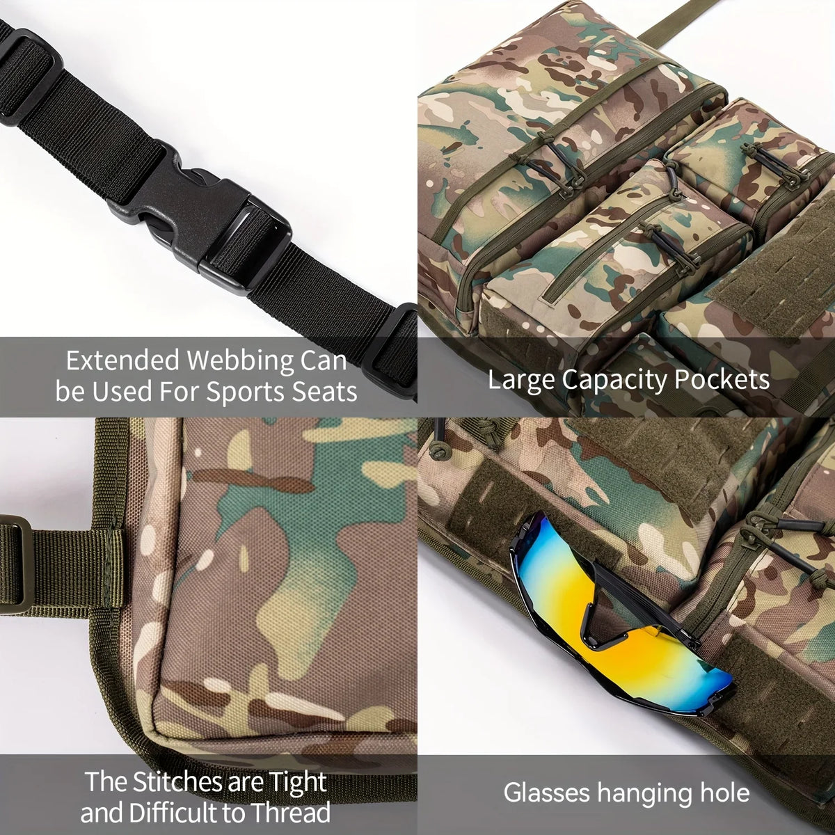 Tactical luggage organizer bag showing extended webbing, large pockets, and a storage pouch with a hanging hole for glasses.