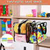A clear PVC storage pouch filled with colorful building blocks and plush toys is displayed on a wooden shelf.