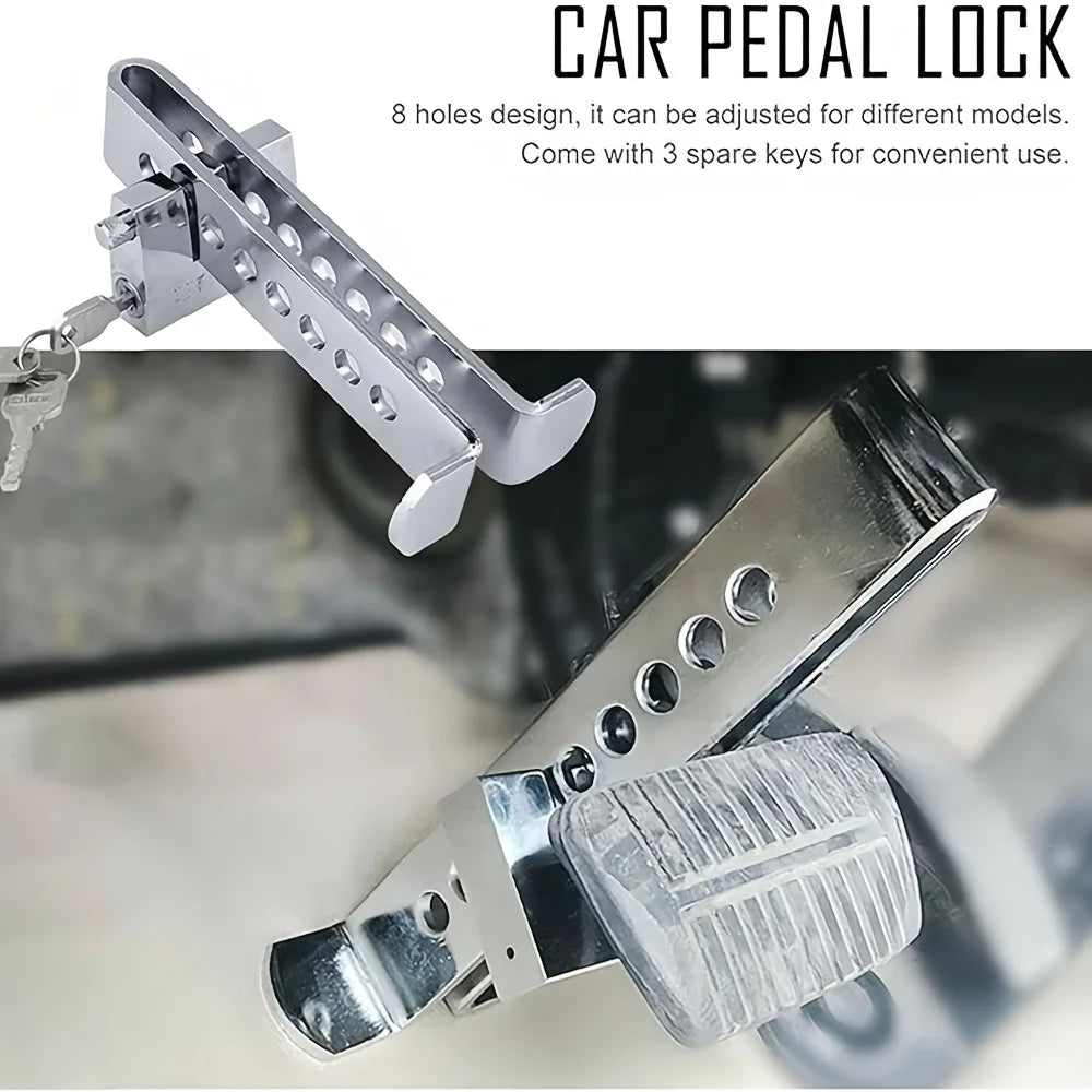 Stainless steel car pedal lock with 8 holes design and three spare keys shown on a vehicle pedal.
