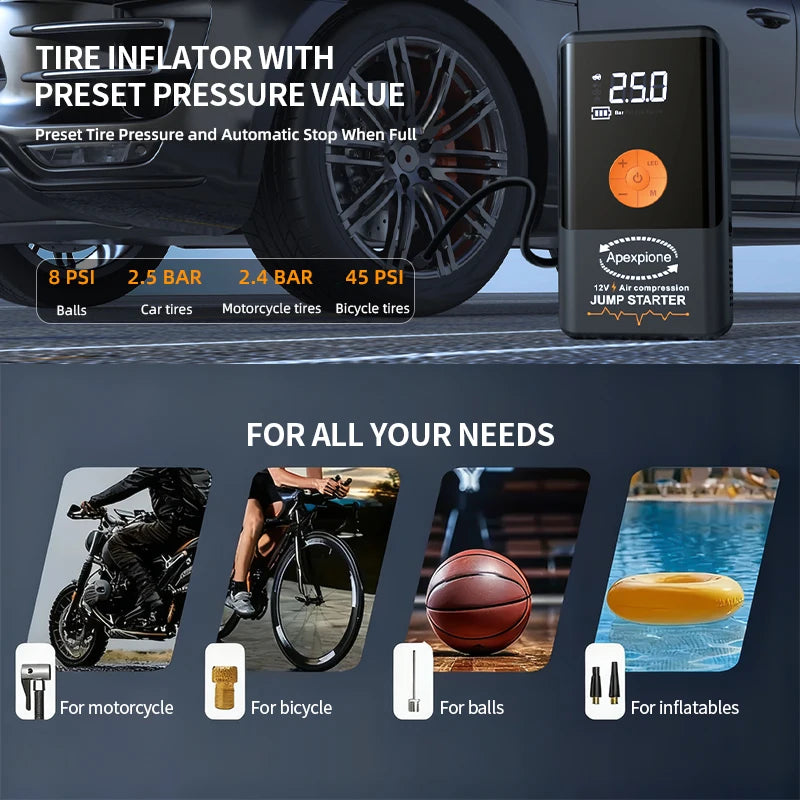 A portable tire inflator jump starter device with preset pressure values for various tires like car, motorcycle, bicycle, bal