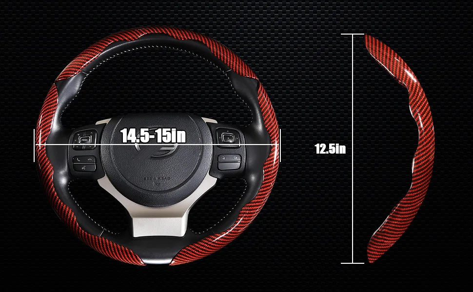 A black steering wheel cover with red carbon fiber accents, showing its diameter and thickness.